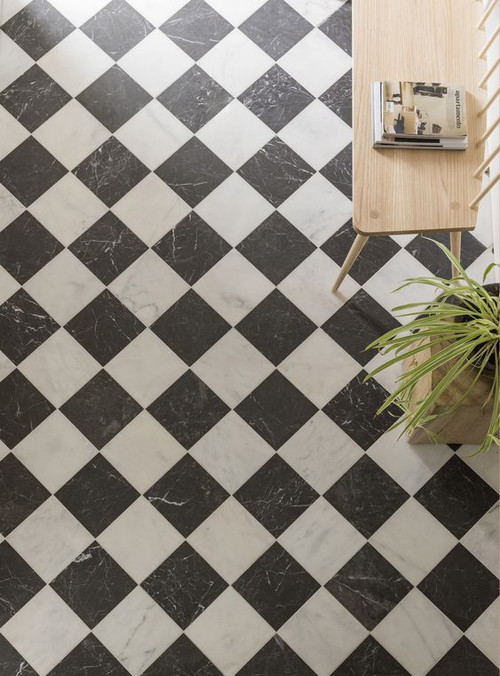 Ocean White Honed & Nero Marquina Honed Marble Checkerboard Pattern 12x12