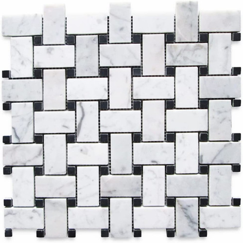 Carrara White Marble 1x2 Basketweave Mosaic Tile w/Nero Marquina Black Dots Polished