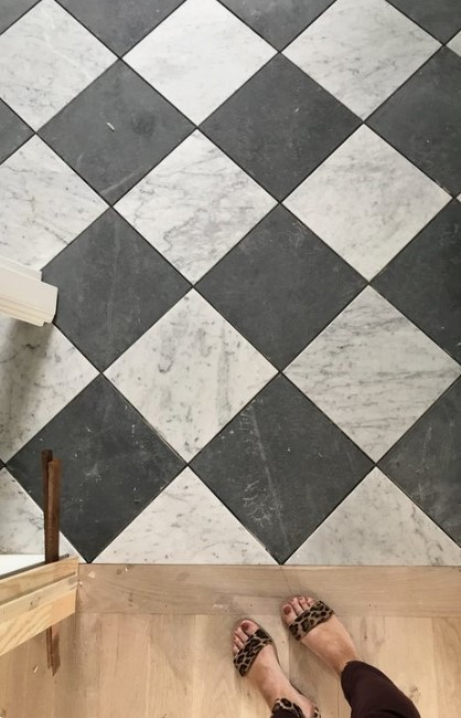 Nero Marquina Honed & Carrara White Honed 12x12 Checker Board Marble Floor