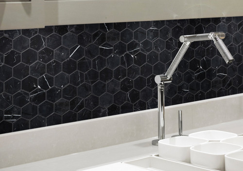 Nero Marquina Honed 2" Hexagon Mosaics 12"x12" Mesh