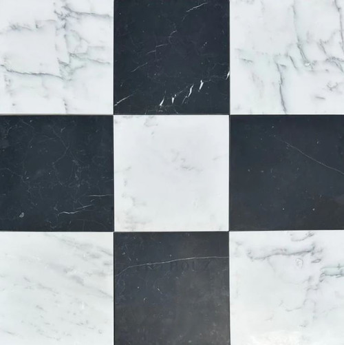 Nero Marquina Honed 12"x12" & Ocean White Honed 12"x12" Checkerboard Marble Tiles