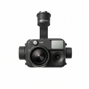 A front-facing close-up of the DJI Zenmuse H30 flagship multi-sensor payload , showcasing its integrated wide-angle camera, zoom camera, and 3000m laser rangefinder modules.
