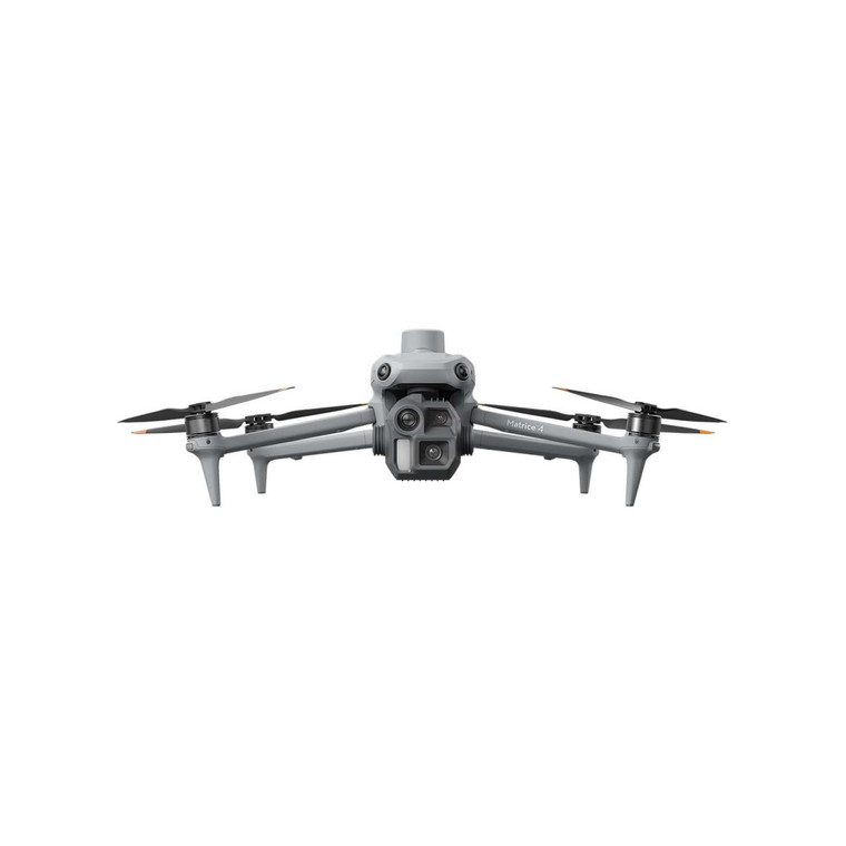 Front view of the DJI Matrice 4D enterprise drone in its unfolded flight configuration, showcasing the dual-camera gimbal system and omnidirectional binocular vision sensors for mapping and inspection.