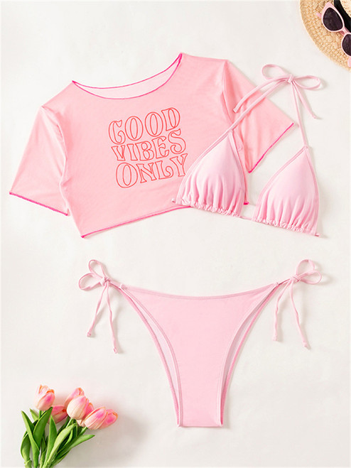Bikini Women Swimsuit 2026 New Pink Halter Bikinis Set Sexy Short Sleeves Letter Swimwear Summer Beach Wear Bathing Suit Female