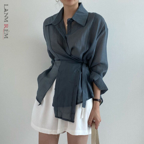 [LANMREM] Elegant Shirt For Women Lapel Long Sleeve Irregular Single Breasted Design Solid Color Female Shirts 2025 New 26A1626