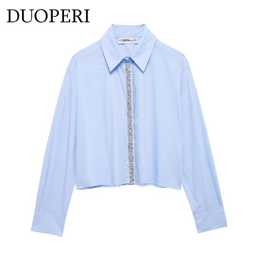 DUOPERI Women Fashion With Diamonds Blue Blouse Lapel Neck Long Sleeves Casual Female Chic Lady Shirts