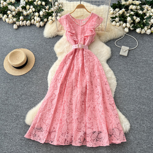 Summer New Fashionable French V-neck Sleeveless Lace Slim Fit With Ruffled Edges Women's Dresses