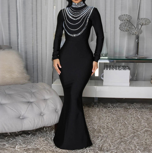 Women High Slit Dresses Diamonds Shiny Sequins Evening Dress Sexy Long Sleeve Mermaid Maxi Cocktail Party Prom Dresses XSY013