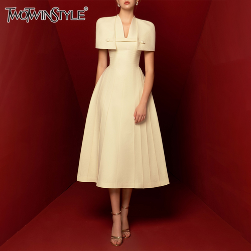 TWOTWINSTYLE Solid Slimming Spliced Shawl Minimalsit Dresses for Women V Neck Sleeveless Tunic Elegant Dress Female Clothing New