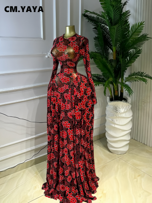 CM.YAYA Women O-neck Long Sleeve Print A-line Maxi Dress 2026 Summer Evening Sexy Party Birthday Vacation Long Dresses Vestidos