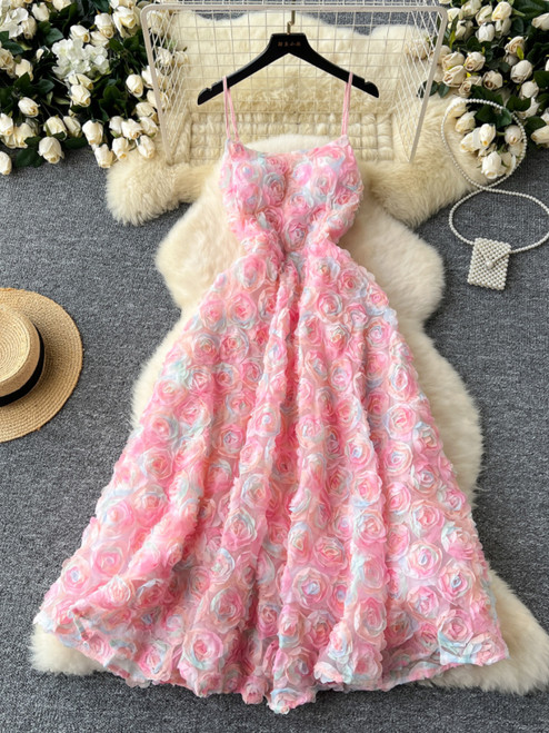 Ele Evening Gown Women's Par Dr with Heavy Work 3D Rose Flowers Waist Cinching Strapl A-Line Midi Dr