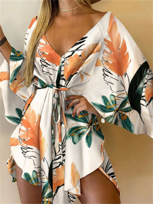 Floral Print V Neck Kimono Sleeve Romper Women Tie Waist Loose Fit Beach Vacation Playsuit Casual Summer Jumpsuit Outfit