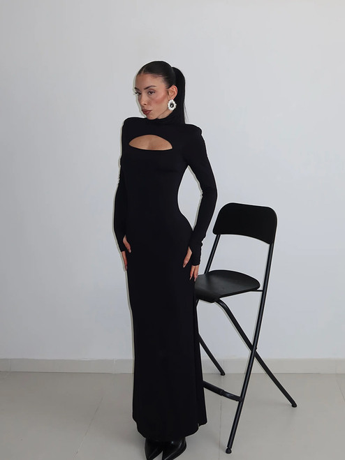 Huhugirl Sexy Sheath Women's Maxi Dresses Solid Turtleneck Regular Long Sleeves Hollow Out Slim Fit Bodycon Party Vestidos Robes