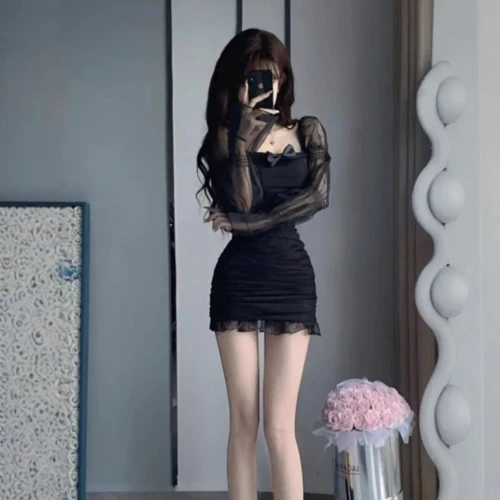 Slimming Sexy Princess Sleeve Mesh Insert Bodycon Dress Women Design Butterfly Knot Pure Desire Evening Gown Full Length Skirt