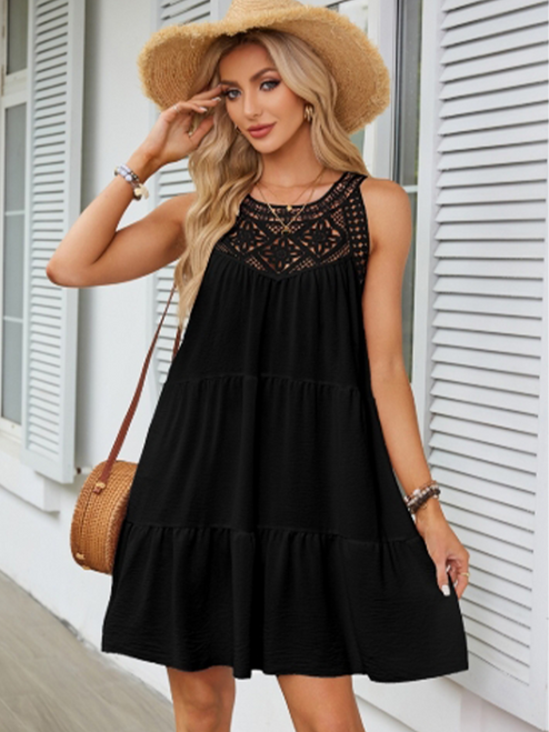 Casual Round Neck Short Sleeved Solid Color Lace Hollow Out Women's Dress Fashionable Street Fresh Sweet Style Summer Dress