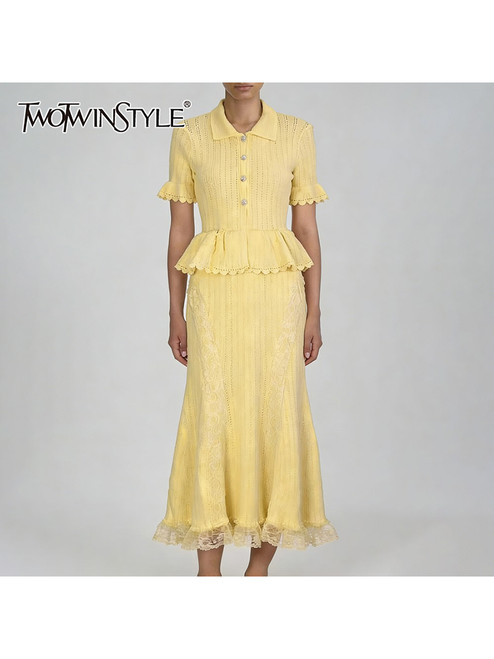 TWOTWINSTYLE Solid Spliced Lace Elegant Long Dresses for Women Lapel Short Sleeves Patchwork Ruffles Basics Dress Female Clothes