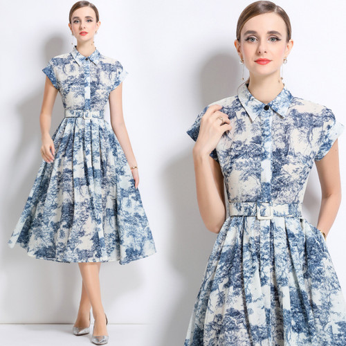 Summer 2025 New  Collar Printed Short Sleeve Dress with Belt High Waist Fairy Skirt Style Cleanfit Neutral Citywalk Dress