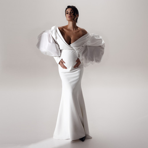 Elegant White Mermaid Maternity Dress Photoshoot Off Shoulder Puffy Sleeve Stretchy Maternity Dresses Pregnancy Gown Baby Shower
