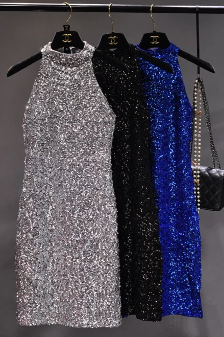 The New  Sequins Glittering Collar Sundress Packet Buttock Sexy Cultivate One's Morality Show Thin Render Dress Sleeveless