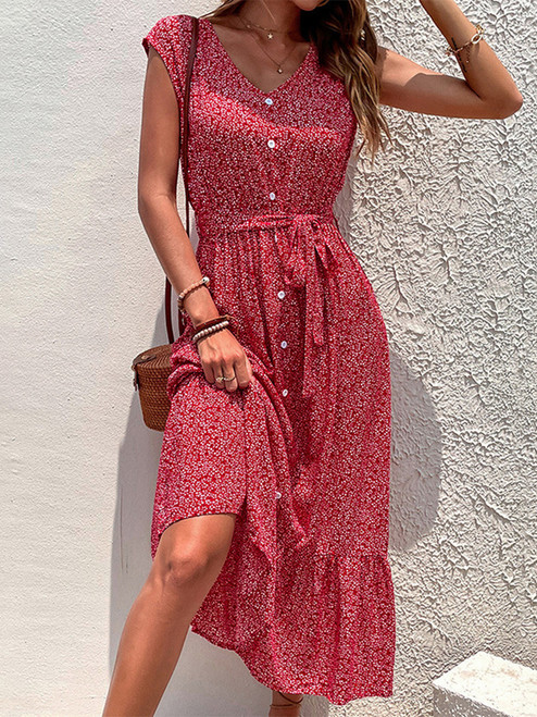 Msfilia Summer Women's V Neck Holiday Print Short Sleeve Lace Up A Line Chic Floral Dress For Fashion