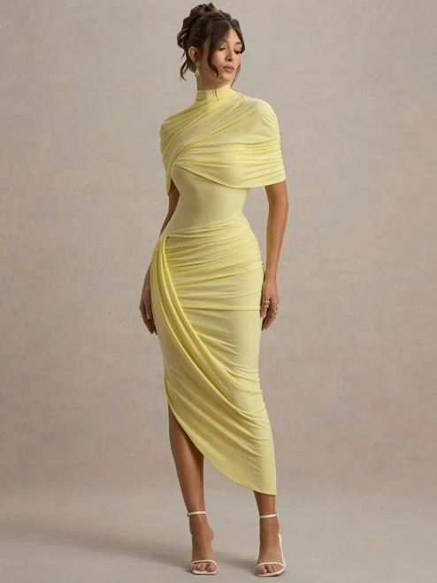 XIAOTANG Half Sleeve Backless Ruched Sexy Maxi Dress Women Summer New Turtleneck Slim High Waist Evening Club Party Long Dress