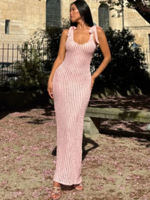 Fashion Strap Off Shoulder Maxi Dress Women's Elegant Solid Color Sleeveless High Waist U Neck Evening Party Long Dress