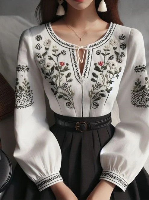 Flower Print Women's Blouse Ethnic Styles Retro Literature Lace-Up O-Neck Lantern Sleeve Tops Loose Casual Female Pullover Top
