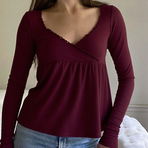 Coquette Vintage Milkmaid Pullovers Tees Cute Y2K Ribbed Babydoll Long Sleeve Top Preppy Frill Trim V Neck T-shirt Fall Clothes