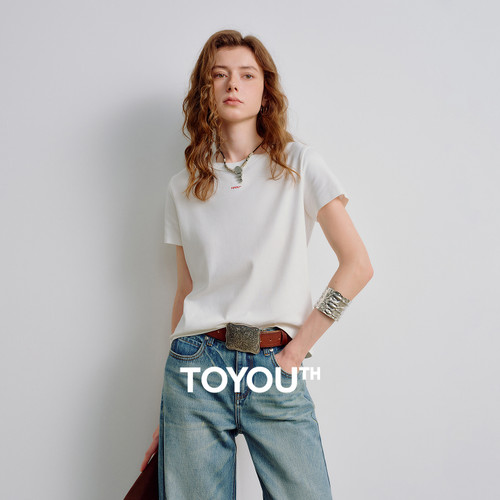 TOYOUTH Women Flow Water Soft Cotton Short-Sleeve T-Shirt 2026 Spring New Lycra Stretch Fitted Set-In Shoulder Quiet Luxury Top
