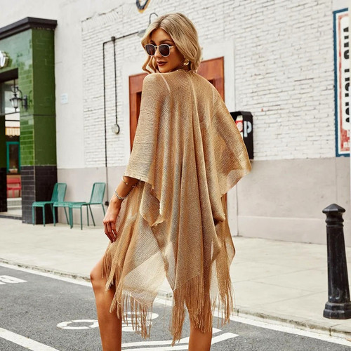 Swimsuit Cover-ups  Fashion Tassel Gold Bikini Beach Cover Up Sexy Beach Dress Tunics for Women Summer Wear See Through