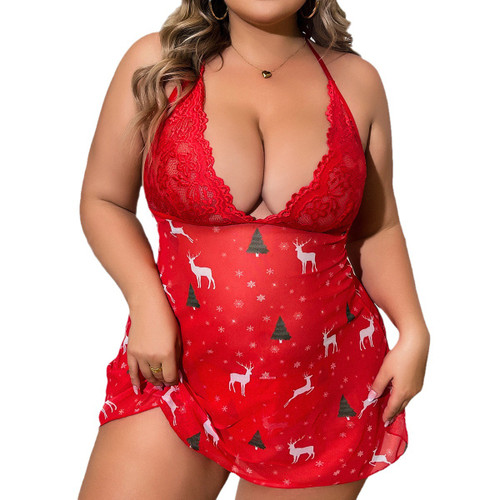 Shanhao RTS V Neck Womens Sexy Sleepwear Women Backless Sexy Nightwear Plus Size See Through Lace Sexy Christmas Lingerie