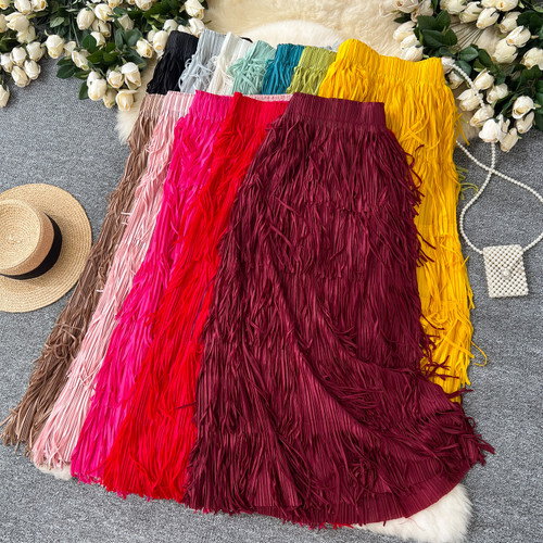 Spring Pleated Tassel Skirt Women Elegant High Waist Office Lady Skirts
