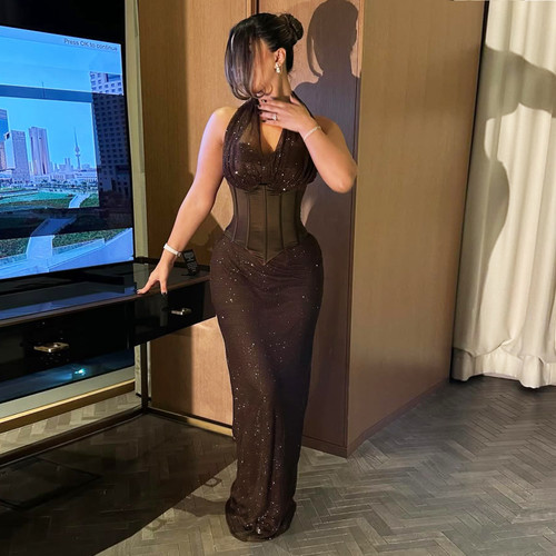 Vintage Sequin Women's Halter V-Neck Dress Slim Waist Elegant Fashion Tank Dress with Mesh Splice Long Gown Evening Party Outfit