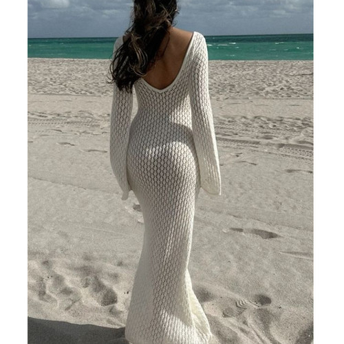 2025 Summer Swimsuit Women's Crochet Lightweight Sun Protective Tunic Swim Anti-See Through Hollow Beach Cover up Dress