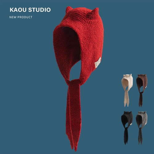 Korean Niche Scarf Integrated Knitted Balaclava Hats for Women Autumn and Winter Warm Versatile Retro Christmas Red Bomber Hat