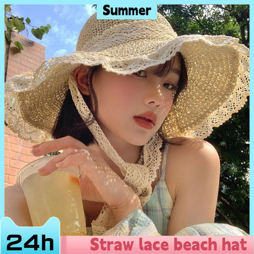 Sweet Lace Sun Hat Women Summer Hollow Straw Hat Outdoor Travel Sun Cap Beach Sunscreen Hat Sweet Fisherman's Cap