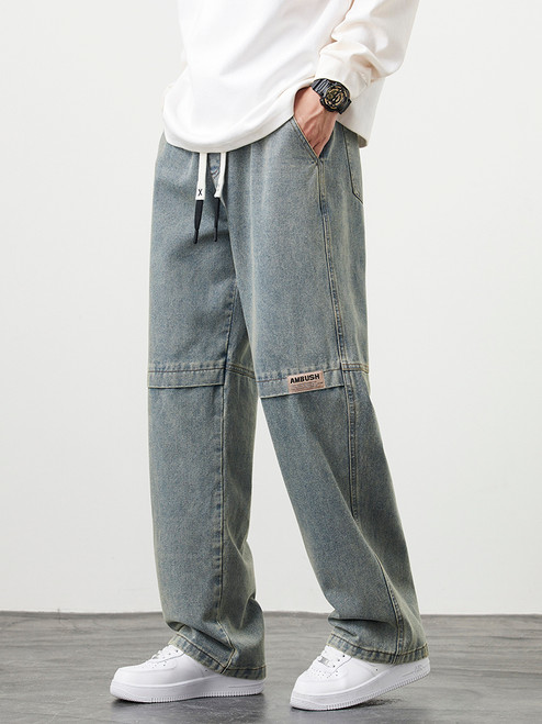 2024 New Retro Blue Men's Jeans Large Size String Banding Wide Leg Denim Pants Cotton Casual Straight Jean Trousers 6XL 7XL 8XL