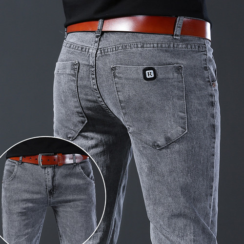 New style jeans, men's slim fit, Korean style comfortable straight leg elastic gray mid waist pants, men's casual denim pants