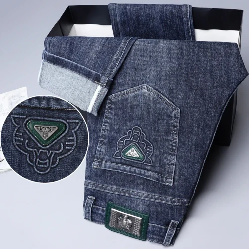 2026 Four Seasons Fashion Brand Straight Leg Jeans Men Business Casual Loose Stretch Long Pants Trousers