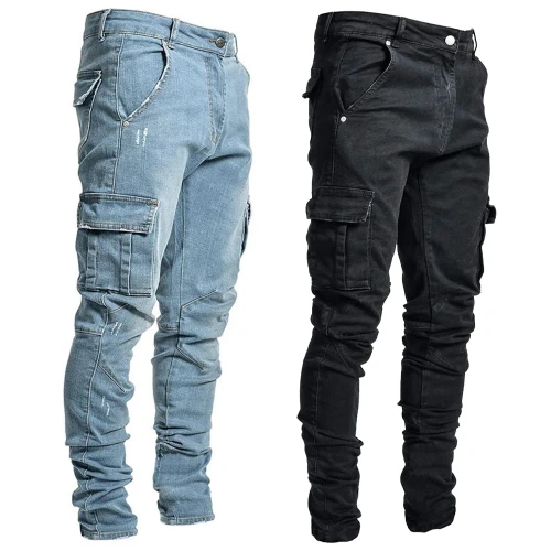 Botvotee Skinny Men Jeans Denim Cargo Pants Wash Black Blue Multi Pockets Casual Mid Waist Trousers Slim Fit Daily Wear Joggers