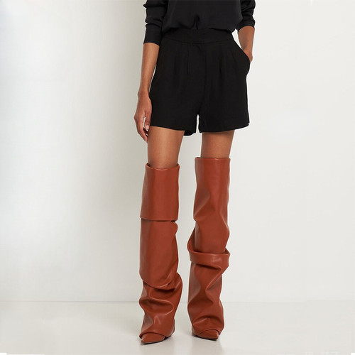 Brand Pleated Laziness Style Black Brown Over Knee Women's Boots High Heel Fashion Show Long Boots Size 35-43 Sexy Woman Shoes