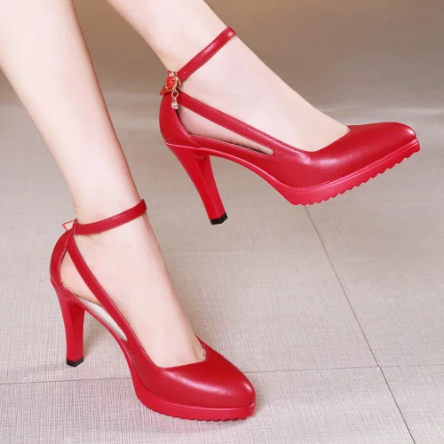 8cm 11cm Size 32-43 Ankle Buckle Red White Wedding Shoes Bride Platform Pumps 2025 Fall Shallow High Heels Shoes Model Party