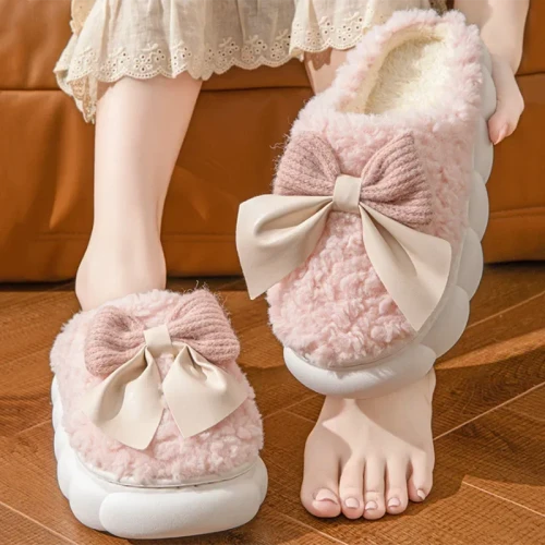 Cute Bow House Non Slip Soft Shoes Comfort Flat Heel Home Indoor Bedroom Plush Slippers Winter Warm Fur Slippers for Women