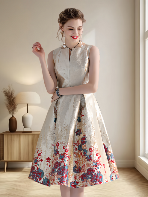 Luxury Women Fashion High Quality Jacquard A Line Ball Gowns Sleeveless Summer Casual Clothing Midi Femme Party Dressses