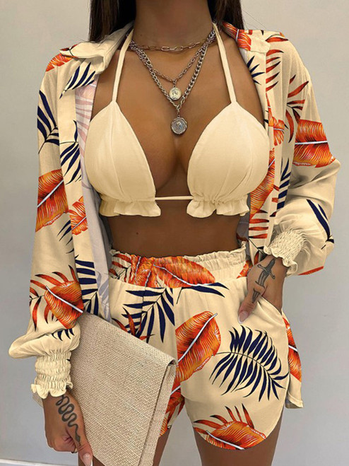 Three Pieces Swimwear Sexy Beachwear 2024 New Bathing Suit Shorts Cover Up Summer High Waist Bikini Set Print Women's Swimsuit