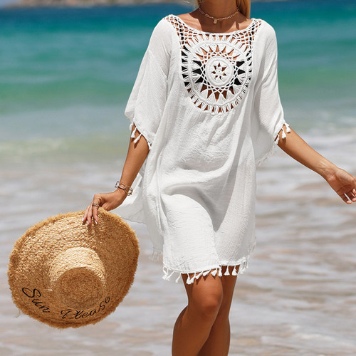 Crochet Bikini Tunic Women Lace Tassel Beach Dress Bikini Cover-Ups Casual Loose Boho Cardigan Dress Kimono Summer Swimwear