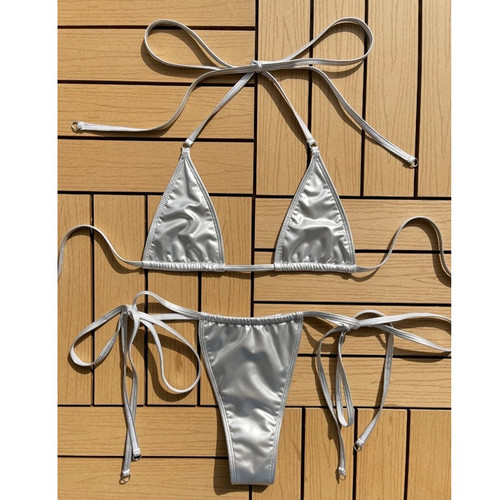 Women's Metallic 2 Piece Swimsuit Micro Triangle Halter Self Tie Cheeky Bikini Set