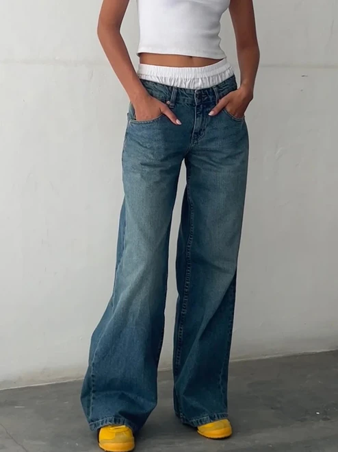 Y2k Vintage Low Rise Jeans for Women Jeans Wide Straight Leg Baggy Jeans Boyfriend Denim Pants with Pocket Streetwear