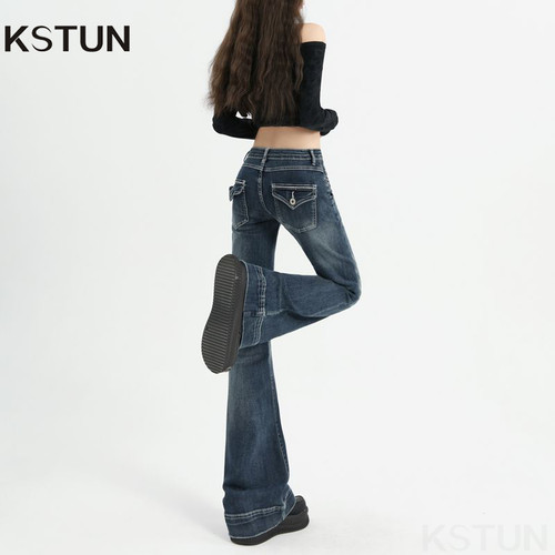 American High Street Spicy Girls Low Waist Jeans Women Autumn Vintage Design Sense Slim Fit Straight Tube Micro Flare Pants
