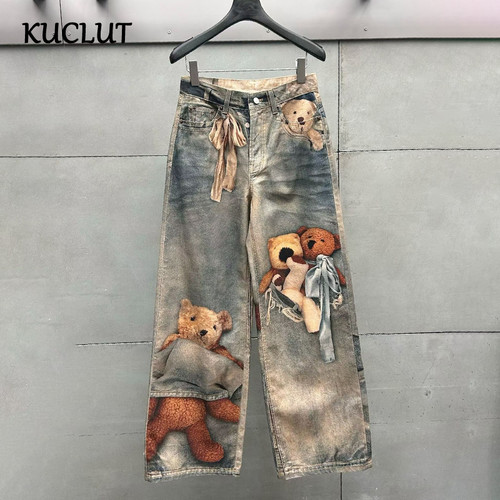 KUCLUT 2025 Autumn Winter Fashion Niche Design Print Contrast Color Loose Jeans For Women Straight Wide-leg Denim Pant 1A1517